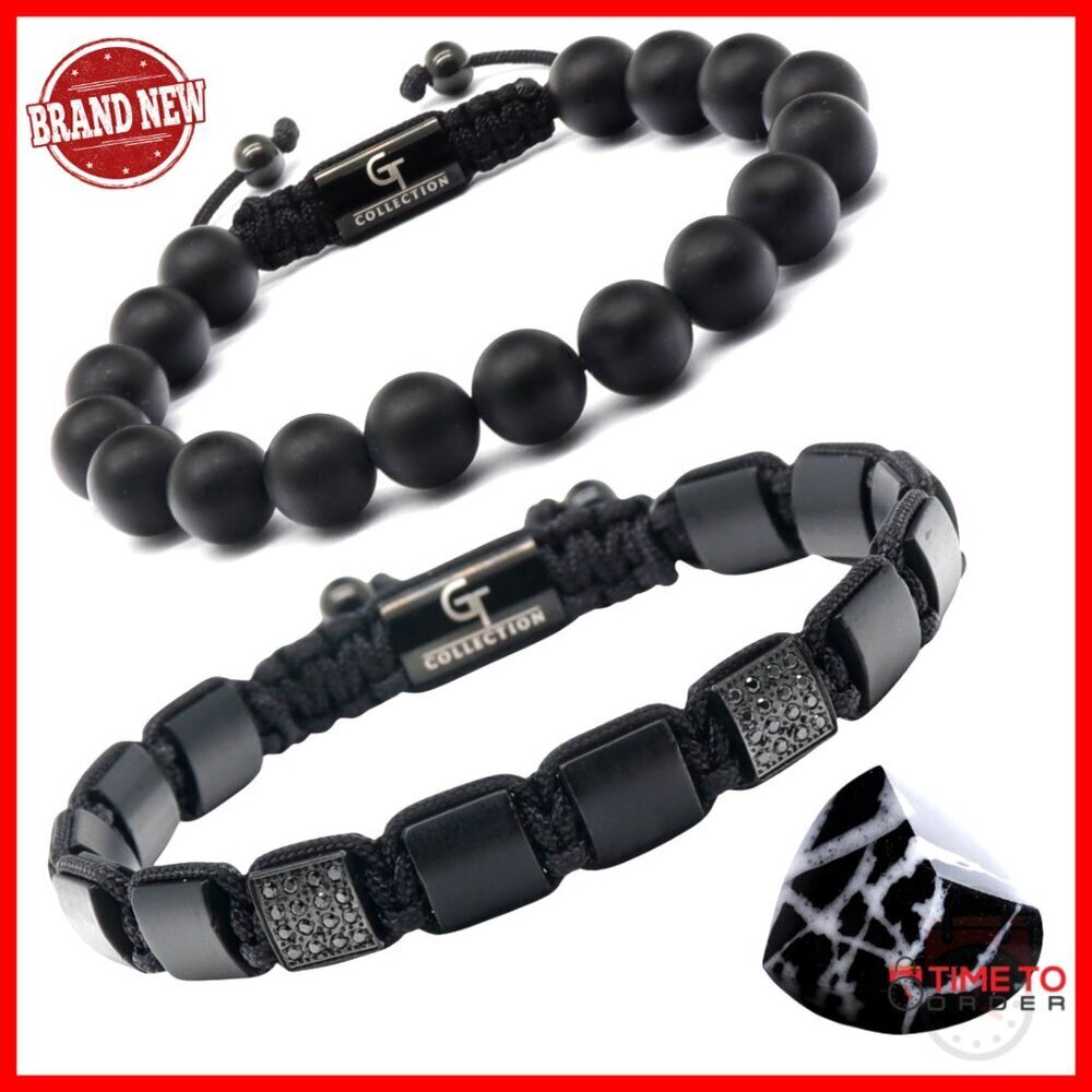 Men's Adjustable Gemstone Bracelet Set, Natural Black Onyx, 2-Pack